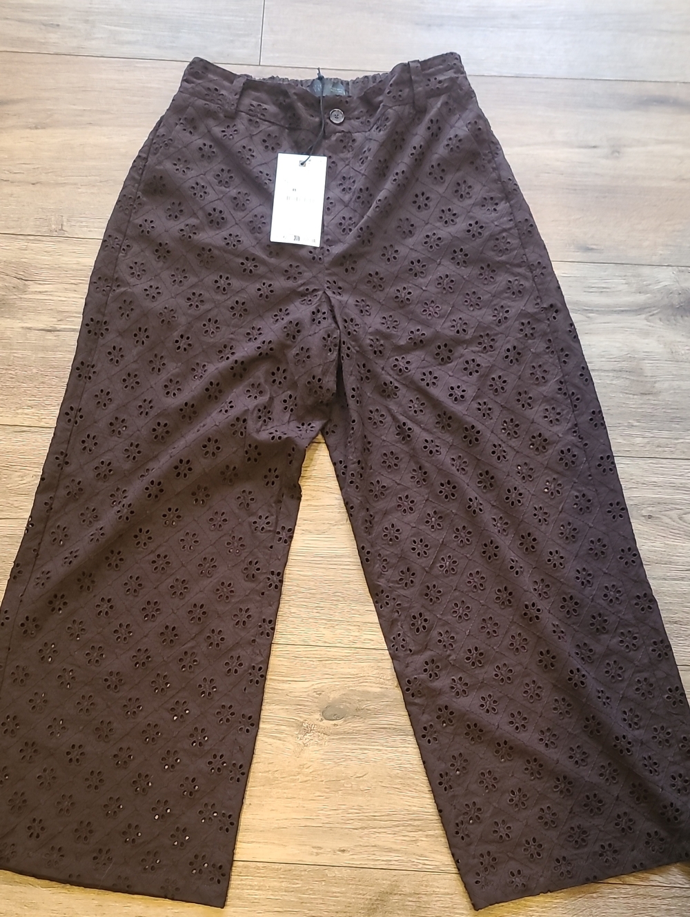 Zara Chocolate Brown Broderie Anglaise Cutout Pants - NWT Size S